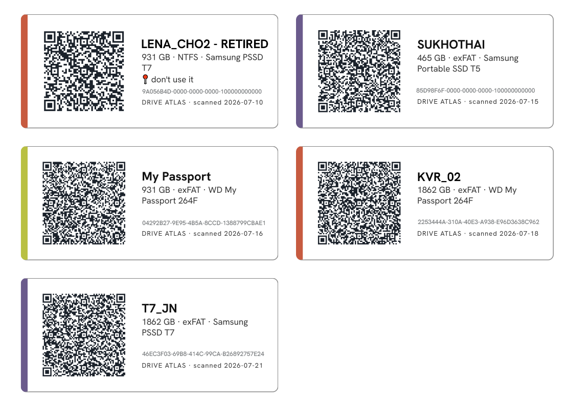 Printable QR shelf label holding the drive's full summary